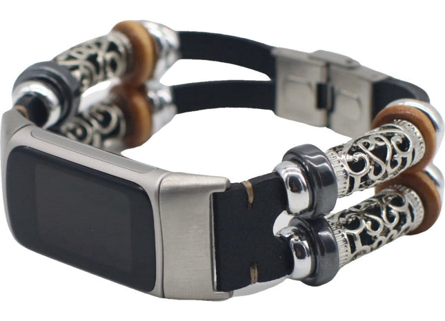 Bandje Geschikt Voor Fitbit Charge 5 - Leren Ibiza Style - Zwart