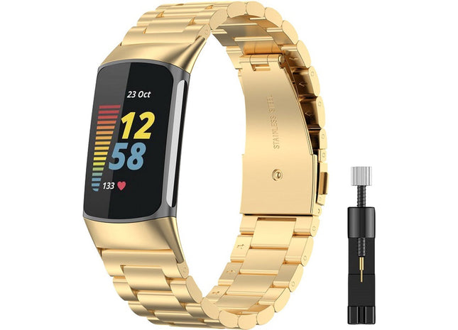 Bandje Geschikt Voor Fitbit Charge 5 - Metalen RVS Schakel - Goud