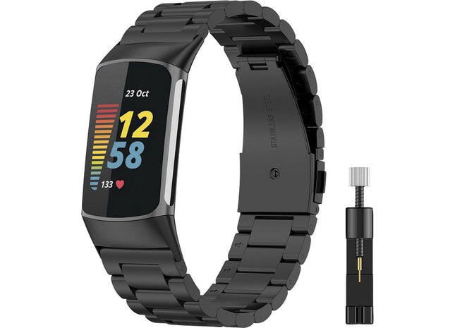 Bandje Geschikt Voor Fitbit Charge 5 - Metalen RVS Schakel - Zwart