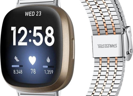 bandje geschikt voor Fitbit Versa 3 - Metalen - Zilver & Rose Goud