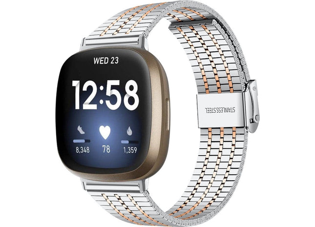bandje geschikt voor Fitbit Versa 3 - Metalen - Zilver & Rose Goud