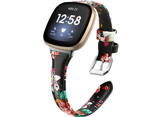 bandje geschikt voor Fitbit Versa 3 - Roos Leren - Zwart Rood