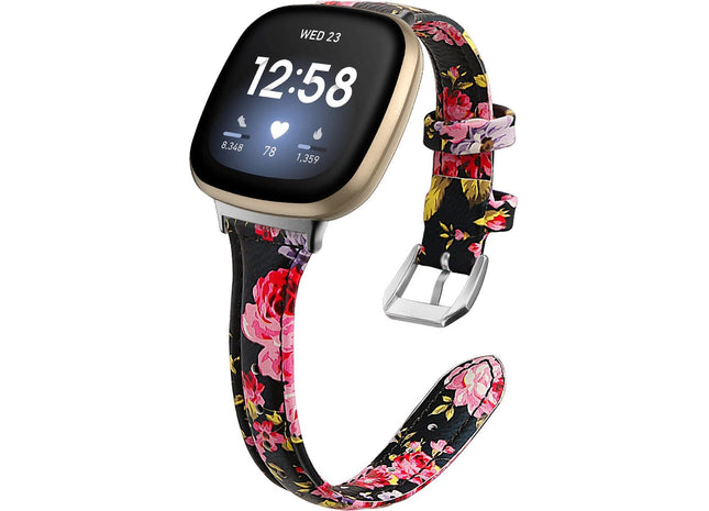 bandje geschikt voor Fitbit Versa 3 - Roos Leren - Zwart Roze