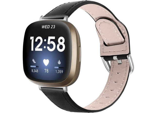 bandje geschikt voor Fitbit Versa 4 - Leren - Zwart
