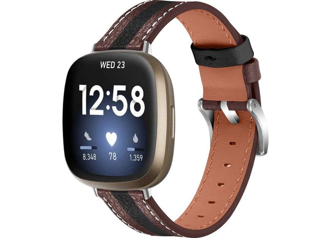 bandje geschikt voor Fitbit Versa 4 - Leren - Zwart/ Bruin