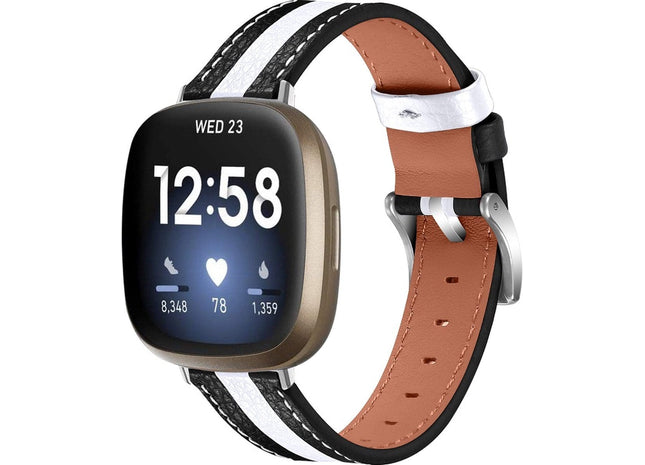 bandje geschikt voor Fitbit Versa 4 - Leren - Zwart/ Wit